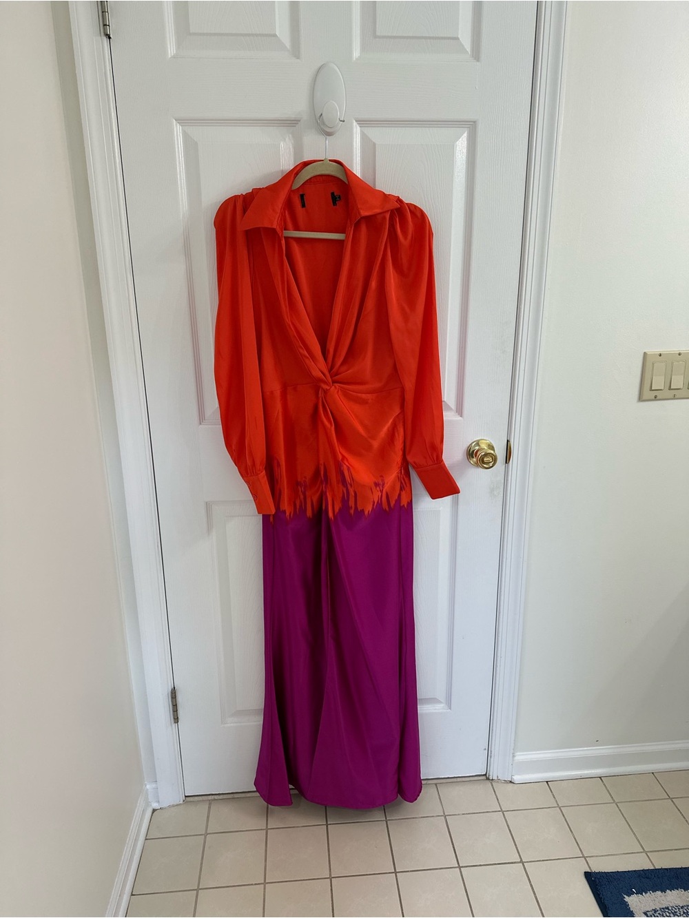 Women's Red Knot-Front Blouse with Purple Maxi Skirt